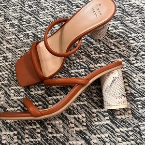 Strappy burnt orange heel with snakeskin heel